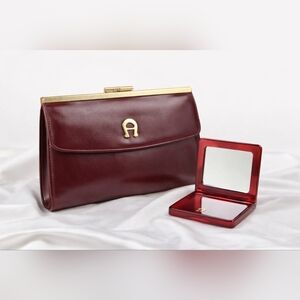 Vintage Etienne Aigner Burgundy Leather Clutch + Mirror Set NOS Gold Hardware